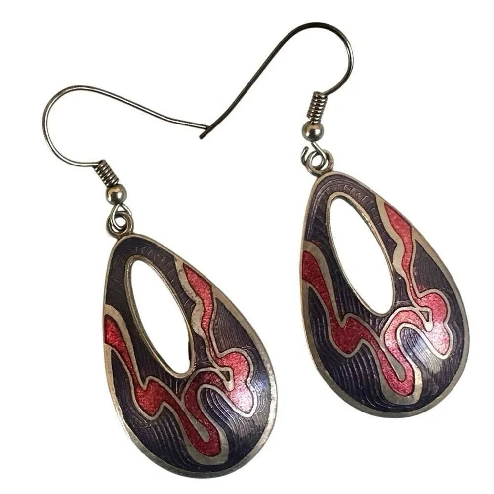 Red & purple Cloisonné Enamel Teardrop Earrings
